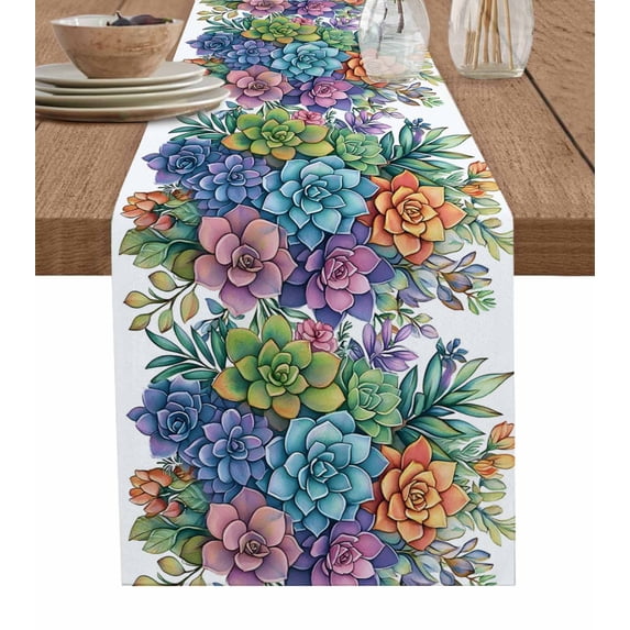Colorful Spring Floral Burlap Cotton Table Runner 13x72 Inches Long, Summer Botanical Farmhouse Flowers Farmhouse Table Runners, Outdoor Dining Tablecloths Decor for Baby Shower/Party/Wedding