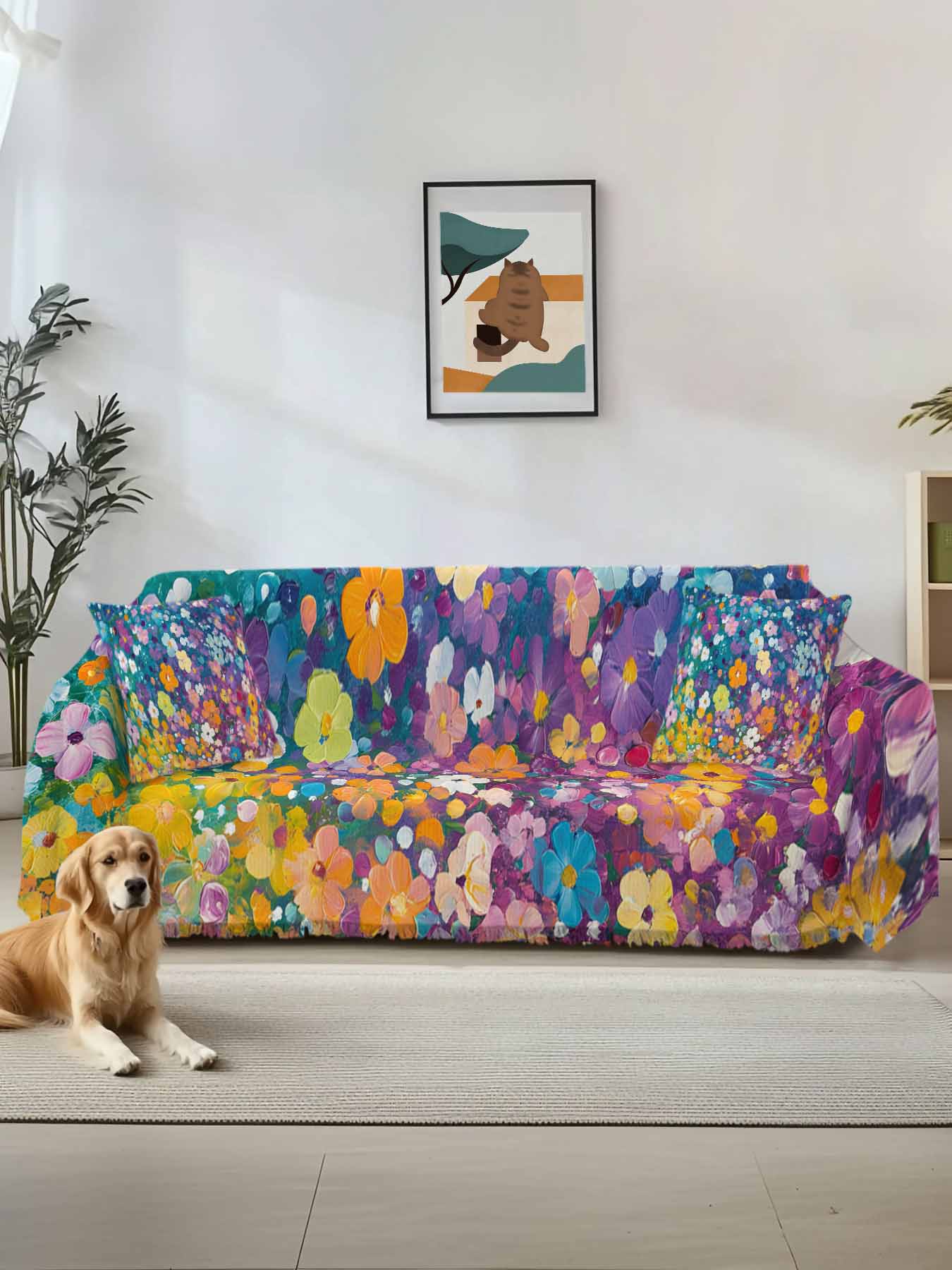 Colorful Spring Floral Couch Cover for 2 Cushion Sofa, Modern Oil ...