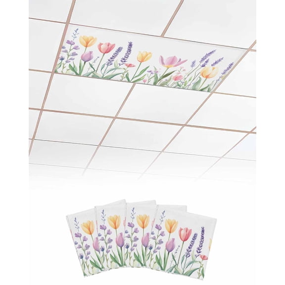 Colorful Spring Floral Fluorescent Light Covers for Ceiling Lights 4x2 feet,4 Pack Magnetic Light Filters for Classroom,Farmhouse Summer Flowers Fluorescent Light Shade Panel for Office School Drop