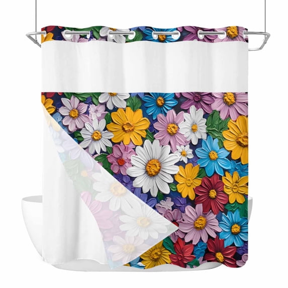 Colorful Spring Floral No Hook Shower Curtain Waterproof, Bathroom Curtains with Snap in Liners and See Through Top Window, Modern Oil Painting Flowers Hotel Style Bathtub Curtains Shower 72"Wx72"L