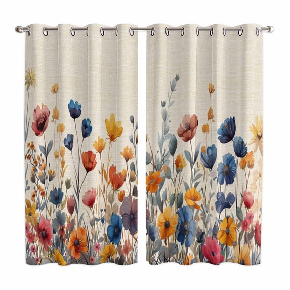 Colorful Spring Floral Kitchen Curtains 63 Inch Length, Elegant Summer Botanical Rustic Grommet Top Bedroom Living Room Curtains, Light Filtering Cafe Curtain Drapes 2 Panels Set 84''x63''
