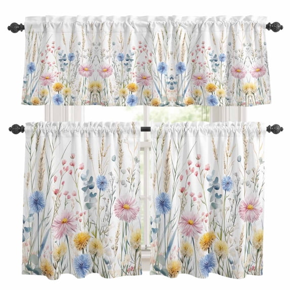 Colorful Spring Floral Kitchen Curtains Sets for Windows 36 Inch Length, Watercolor Summer Botanical Rod Pocket Window Treatments Tier Curtains and Valances Set for Bedroom/Bathroom