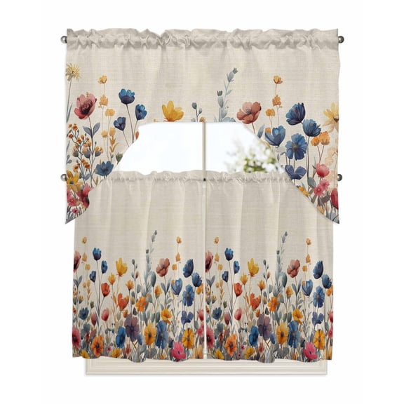 Colorful Spring Floral Kitchen Curtains Swag Valance and Tier Curtains Set 36 Inch Length, Elegant Summer Botanical Rustic Rod Pocket Drape Panels Pair Swag Curtains for Bathroom/Cafe/Window
