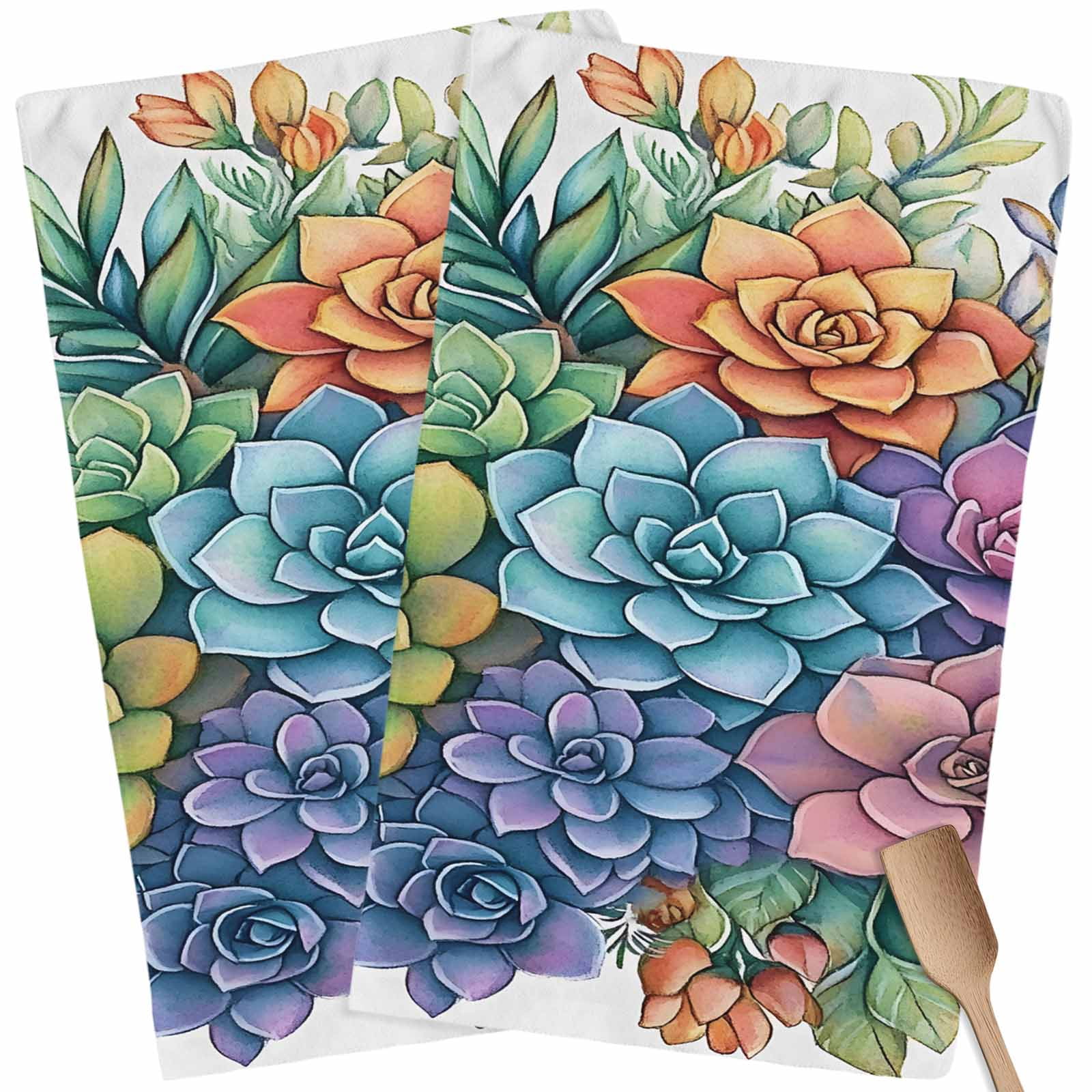 Colorful Spring Floral Kitchen Towel Dish Cloths Set of 2, Microfiber Soft Kitchen Hand Towels, Summer Botanical Farmhouse Flowers Absorbent Quick Drying Dishcloths 18 x 28 Inches