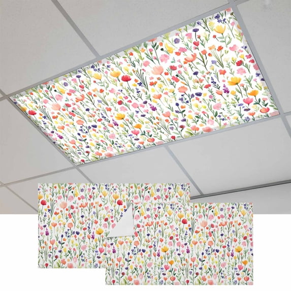 Colorful Spring Floral Magnetic Fluorescent Light Covers for Ceiling Lights 2x4Ft, Farmhouse Botanical Summer Office Classroom Kitchen Drop Ceiling Light Covers Lighting Filters Shade Panel 2 Packs