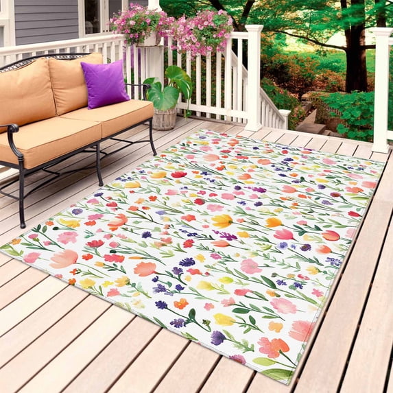 Colorful Spring Floral Outdoor Rug for Patio/Deck/Porch, Non-Slip Large Area Rug 5 x 7 Ft, Farmhouse Botanical Summer Indoor Outdoor Rugs Washable Area Rugs, Reversible Camping Rug Carpet Runner