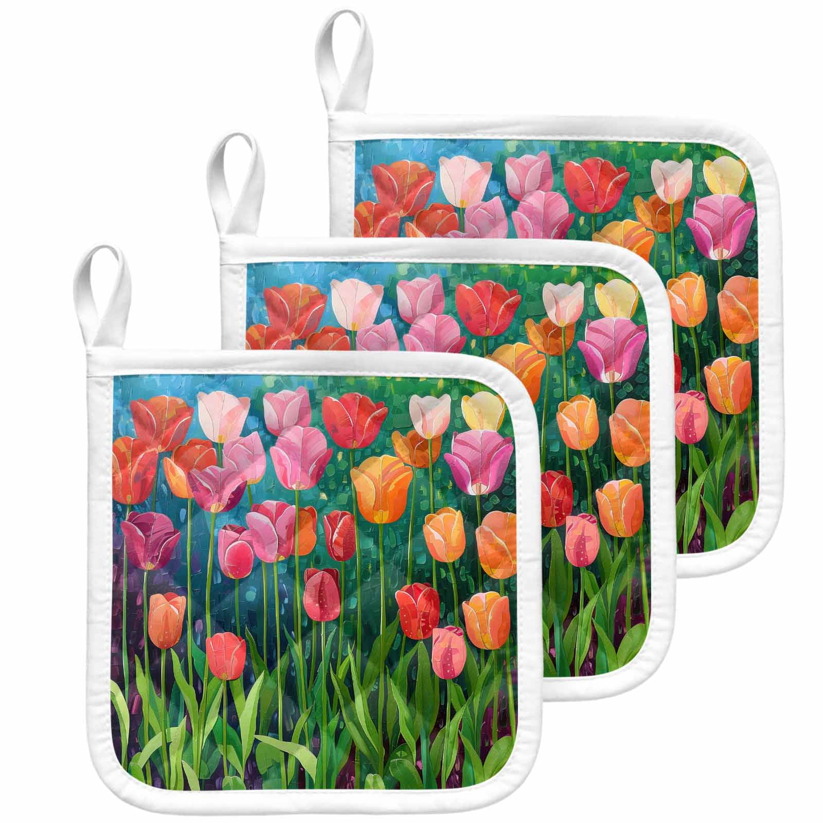 Colorful Spring Floral Pot Holders for Kitchen Heatproof Potholder, 3 Pack Summer Botanical Oil Painting Hot Pads Multipurpose Oven Pads Cloth Potholders Trivet for Cooking Baking