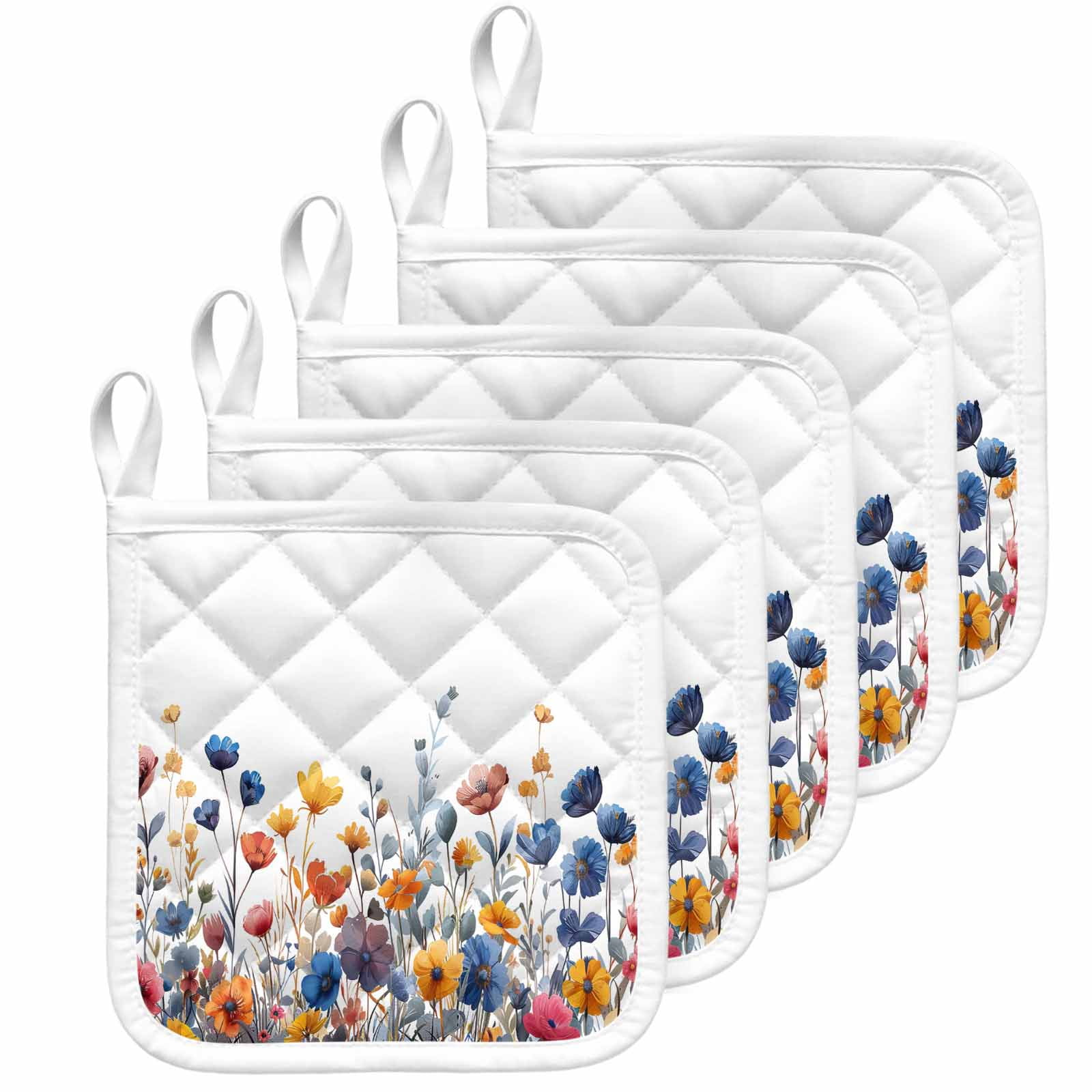 Colorful Spring Floral Pot Holders for Kitchen Heatproof Potholder, 5 Pack Elegant Summer Botanical Watercolor Hot Pads Multipurpose Oven Pads Cloth Potholders Trivet for Cooking Baking