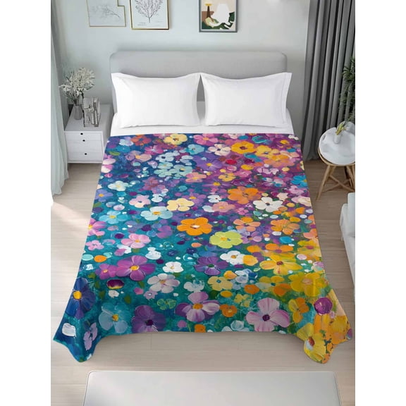 Colorful Spring Floral Queen Size Flat Sheet, Wrinkleproof & Fadeproof Cooling Flat Bed Sheet Only, Modern Oil Painting Abstract Art Breathable Soft Bedding Top Sheets 90 x 102 Inches