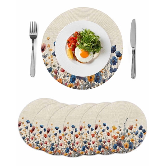 Colorful Spring Floral Round 13 Inch Placemats Set of 6, Elegant Summer Botanical Rustic HeatResistant Non Slip Place Mats for Dining Table, Wipeable Braided Kitchen Table Mats for Housewarming