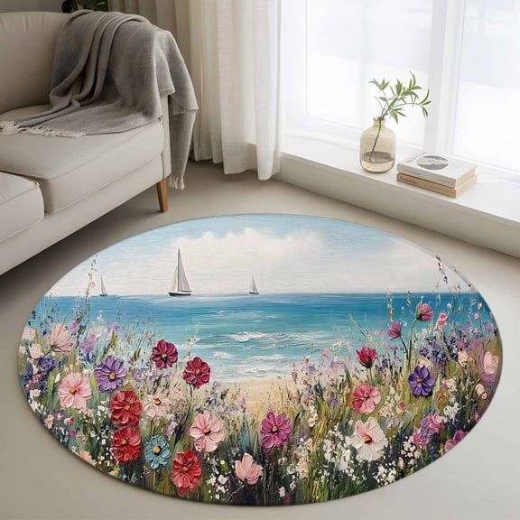 Colorful Spring Floral Round Rug 3ft Washable Circle Entryway Rugs Non Slip Oil Painting Art Beach Coastal Area Rug Indoor Floor Carpet for Bedroom Kitchen Living Room Home Office Dining Room Nursery