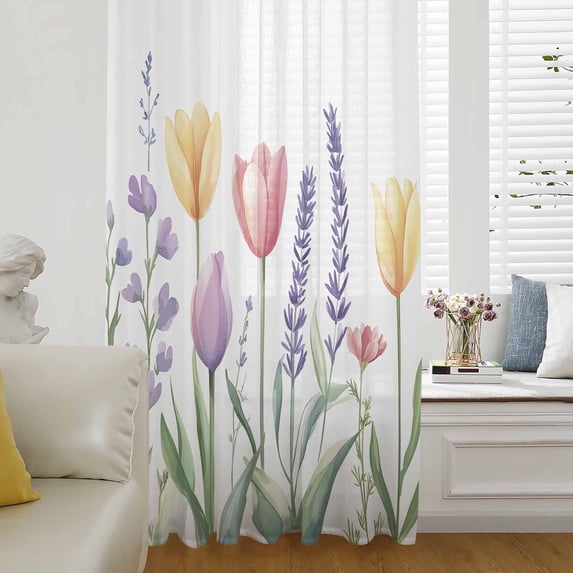Colorful Spring Floral Semi Sheer Curtains Drapes for Living Room, Bedroom, French Doors Window 63 Inches Long, Farmhouse Summer Flowers Rod Pocket Chiffon Curtain Drapery Voile Draperies Panel