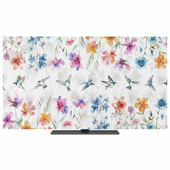 Colorful Spring Floral TV Dust Cover,Stretchable TV Screen Desktop Computer Protector Cover,Summer Botancial Watercolor Birds Television Dustproof Slipcover for 19–24 Inch Flat or Curved TVs
