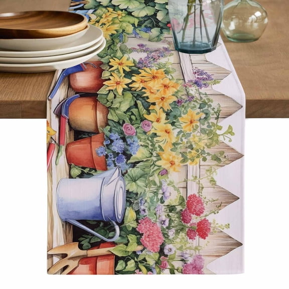 Colorful Spring Floral Table Runner, Summer Flowers Botanical Washable Cotton Linen Table Runners 36 Inches Long, Dresser Scarf Runner for Nightstand/End Tables/Round Tables 13''x36''