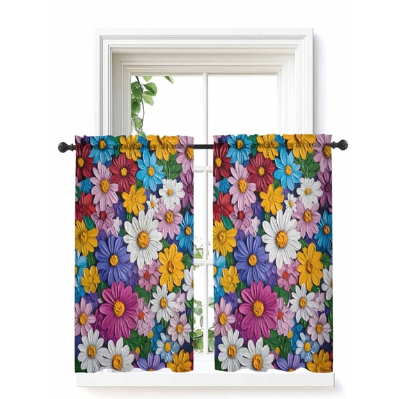 Colorful Spring Floral Tier Curtains 45 Inch Length,Sheer Curtains for Bedroom Living Room Window Modern Oil Painting Flowers Rod Pocket Drapes Kitchen Curtains Small Half Window 27.5"x45" 2 Panels