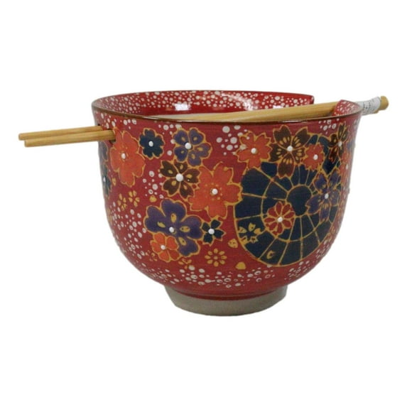 Colorful Spring Flowers Ceramic Donburi Ramen Soup Red Bowl With Chopsticks Set