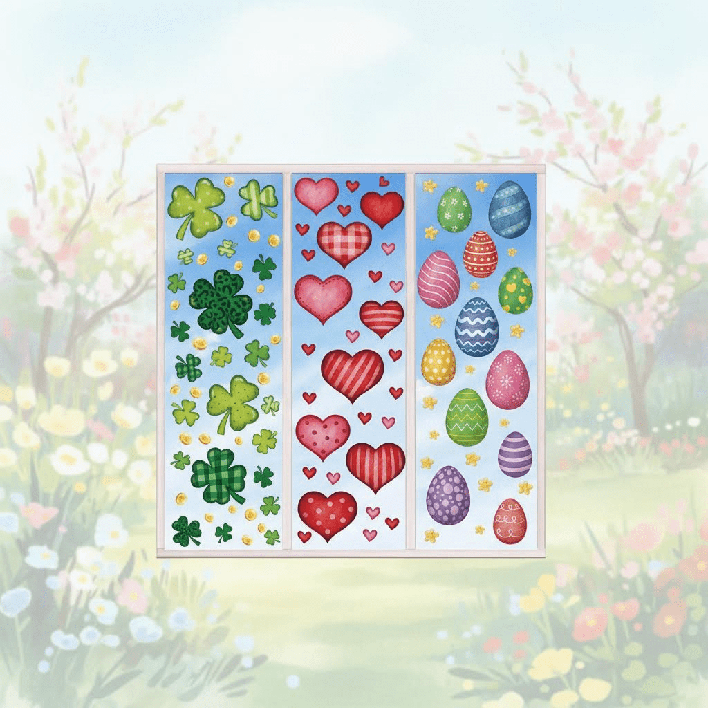 Colorful Spring Holiday Window Cling Decorations Set - Large Shamrock, Easter Egg, and Heart Stickers for Glass Doors, Bathroom, Office, and Home Party Supplies
