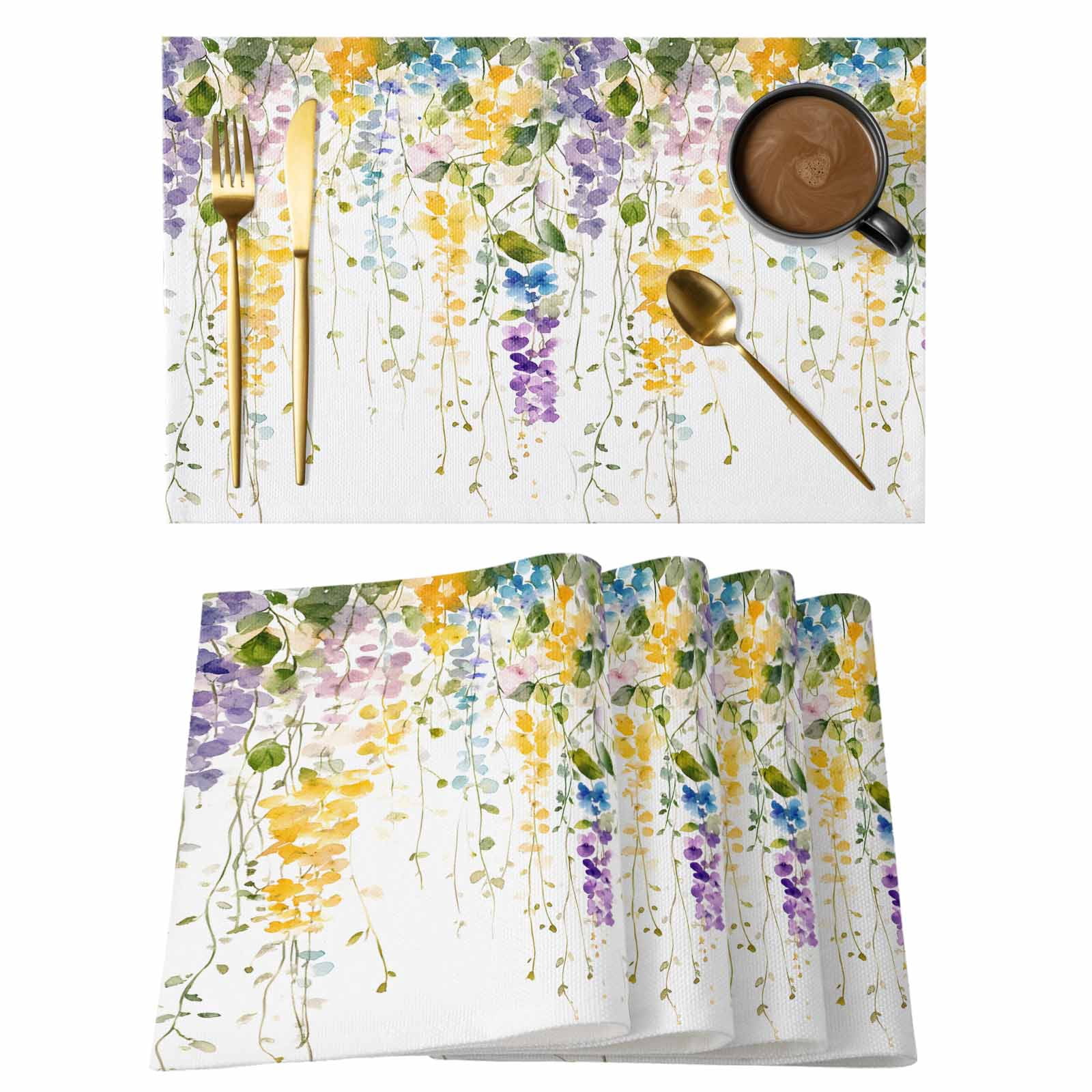 Colorful Spring Placemats Set of 1, Watercolor Green Purple Yellow Blue ...