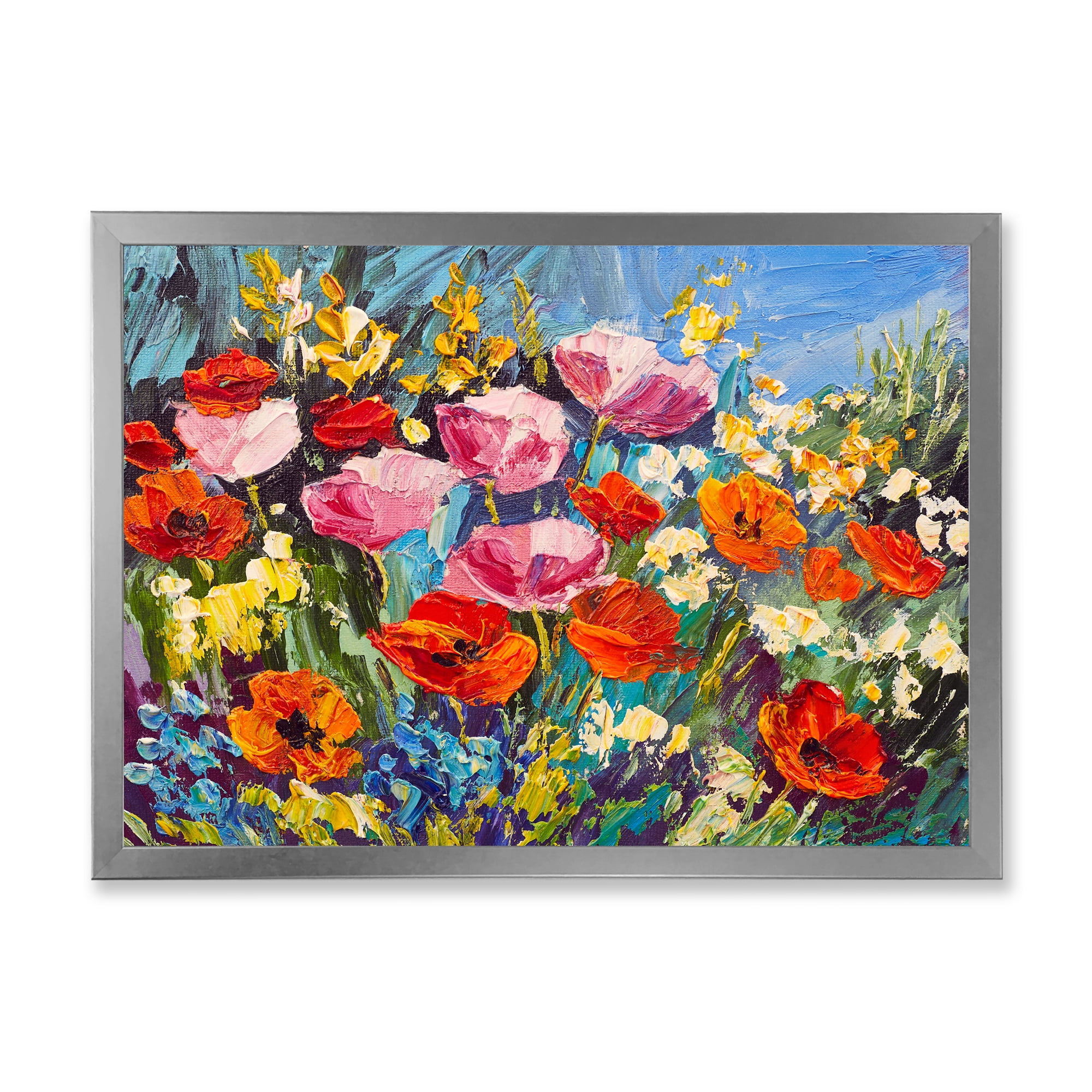 Colorful Spring Poppies In Field 20 in x 12 in Framed Painting Canvas Art Print, by Designart