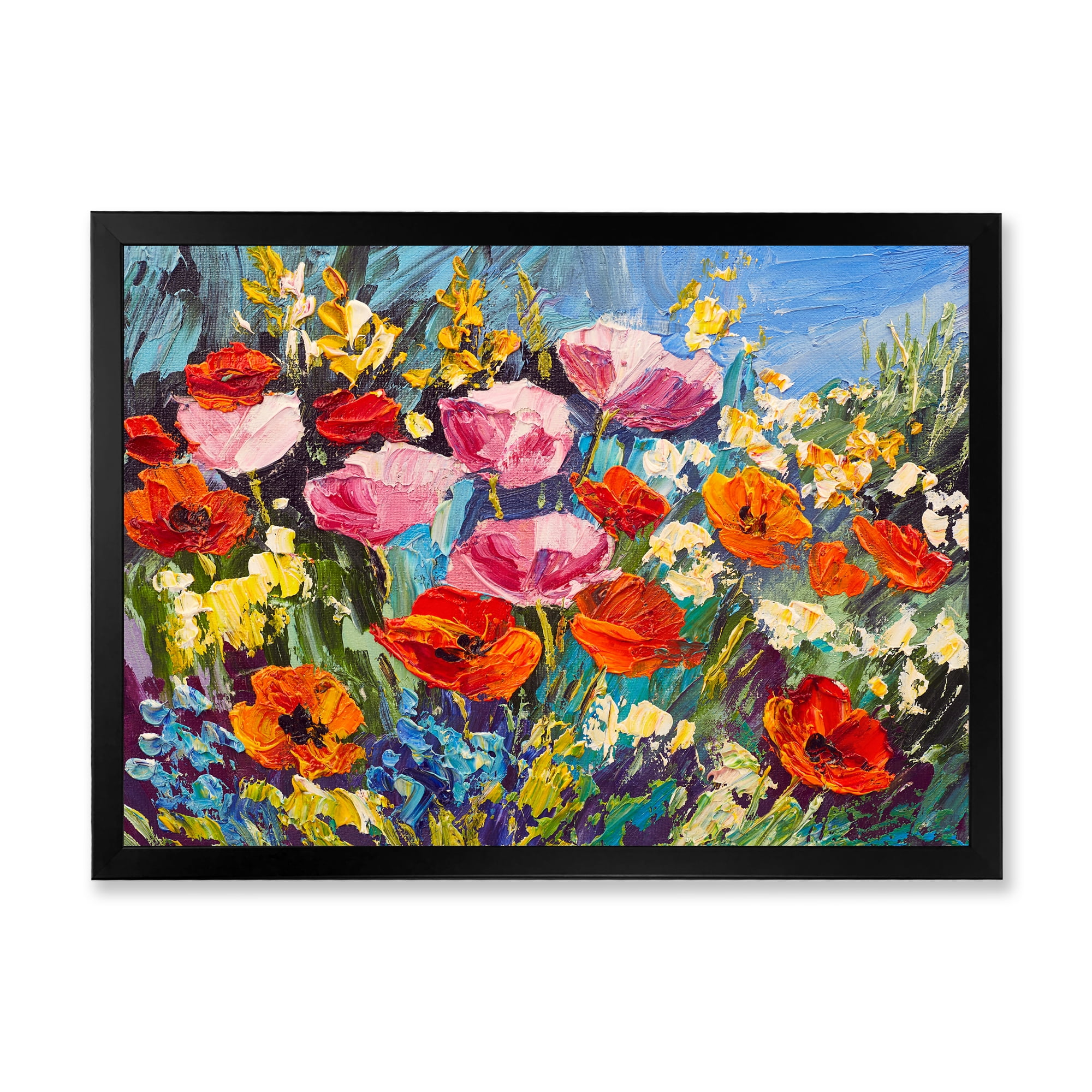 Colorful Spring Poppies In Field 32 in x 24 in Framed Painting Canvas Art Print, by Designart