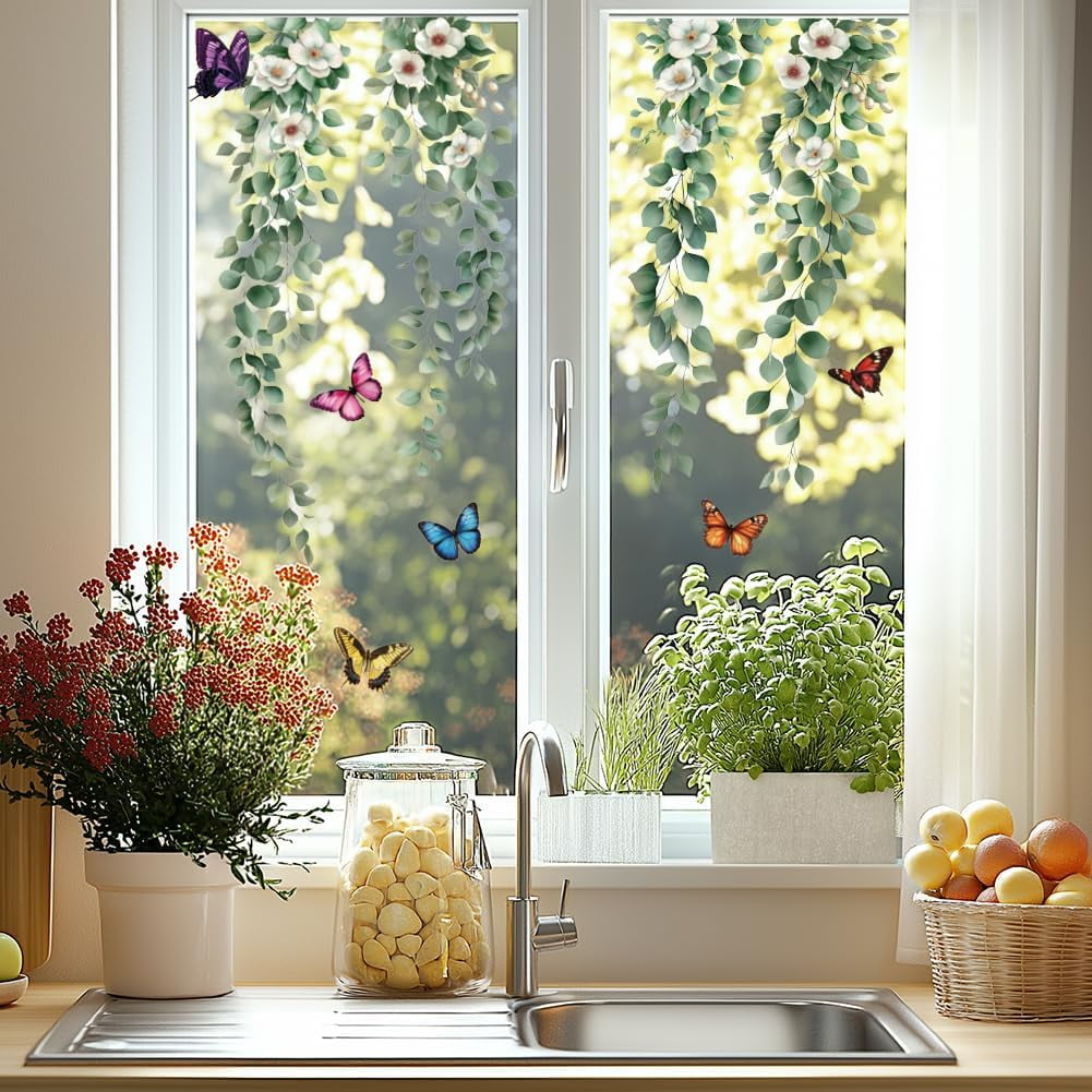 Spring Window Scene Stickers Colorful Spring Static Window Clings Eucalyptus Leaves and Flowers 1 ...