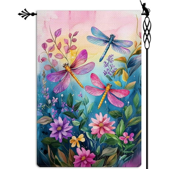 Colorful Spring Summer Dragonfly Garden Flag Floral Flowers Garden Flag Vertical Double Sided Rustic Farmland Burlap Yard Lawn Outdoor Decor 12.5x18"