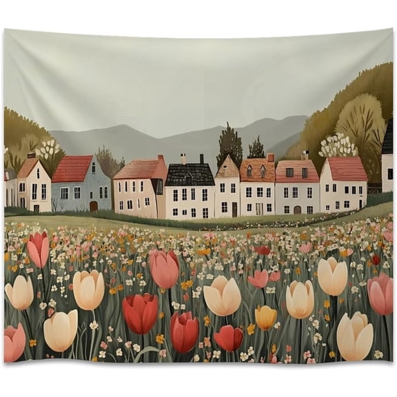 Colorful Spring Village Art Print Tapestry Boho Tulip Painting Wall Hanging Vintage Aesthetic Town Nature Landscape Tapestries for Home Living Room Gallery Wall Decor white30x40inch