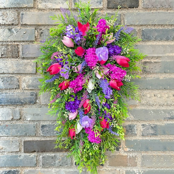 Colorful Spring and Summer Floral Wreath, Front Door Hanging Decoration with Simulated Tulips for Home Entrance