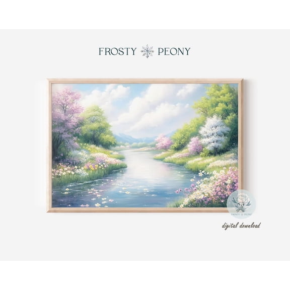 Colorful Springtime Riverbank Art Print, Wildflower River Landscape Wall Art, Riverside Floral Meadow Art, Wall Art, Modern Wall Decor, 8x12 UNFRAMED