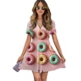 thumbnail image 1 of Colorful Sprinkled Donuts Women Dress V-Neck Short Sleeve Flowy Swing Party Midi Dress, 1 of 4