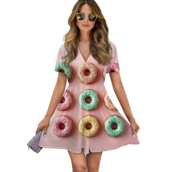 Colorful Sprinkled Donuts Women Dress V-Neck Short Sleeve Flowy Swing Party Midi Dress