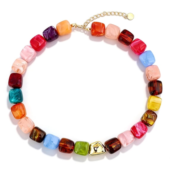 Colorful Square Chunky Beaded Necklace for Women – Summer Beach Boho Statement Jewelry, Lightweight Resin