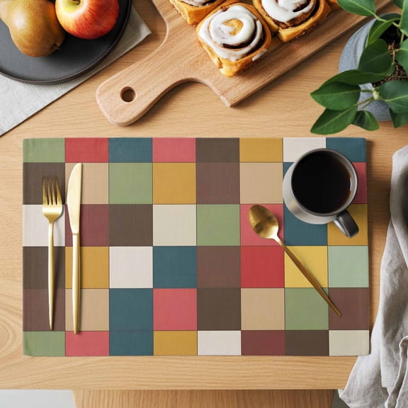 Colorful Square Patchwork Placemats Set of 1, Color Block Abstract Modern Heat Insulated Linen Place Mats, Washable Stain-Proof Table Mats for Dining Tables Holiday Decor 13x19 Inches