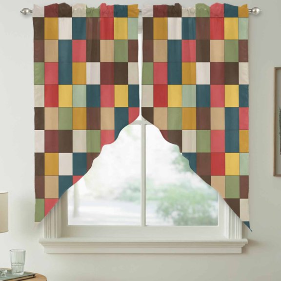 Colorful Square Patchwork Swag Kitchen Curtain Valances, Color Block Abstract Modern Rod Pocket Curtains Window Treatment Decor Valances for Bedroom Bathroom, 2 Panels 36 x 63 Inch