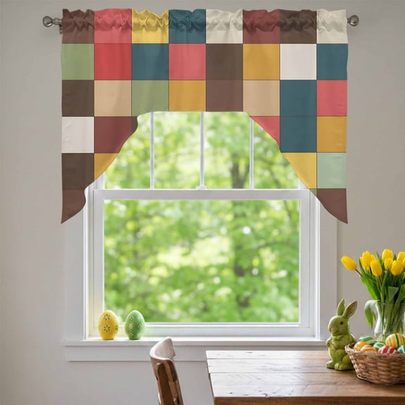 Colorful Square Patchwork Swag Valances for Kitchen Window, Color Block Abstract Modern Small Swag Valances Rod Pocket Curtain Drapes Window Treatment for Bedroom Bathroom, 56x36 Inch
