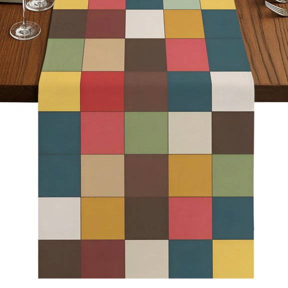 Colorful Square Patchwork Table Runner 48 Inches Long, Color Block Abstract Modern Cotton Linen Dining Table Runner Dresser Scarves for Home Kitchen Party Decor 13"x48"