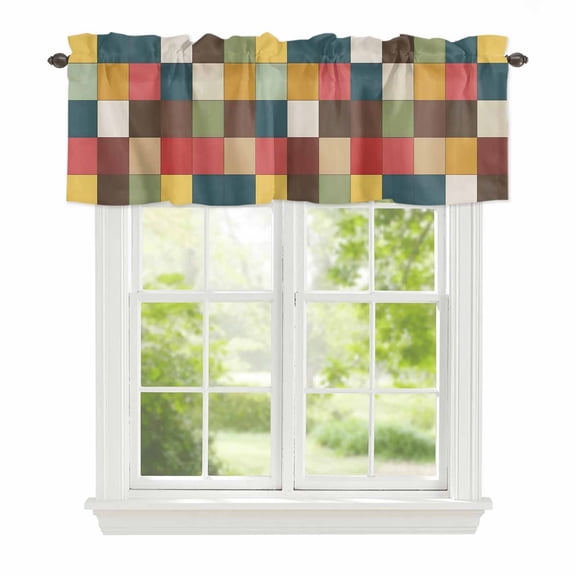 Colorful Square Patchwork Window Valance for Kitchen, Color Block Abstract Modern Rod Pocket Short Curtain for Small Windows, Light Filtering Decorative Valance, 60 x 14 Inch, 1 Panel