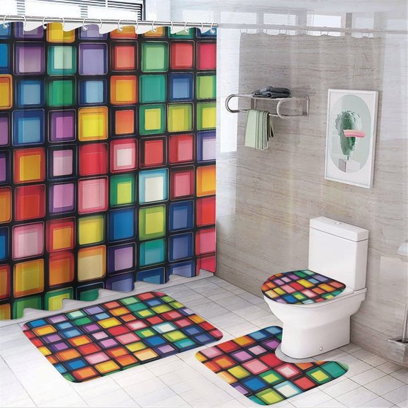 Colorful Squares 4 Piece Decor Shower Curtains Sets Bath Mat U-Shaped Floor Mat Toilet Lid Oval Rug Summer Colorful Multicolor Abstract Mid Century Durable And Waterproof for Bathroom Decor Set