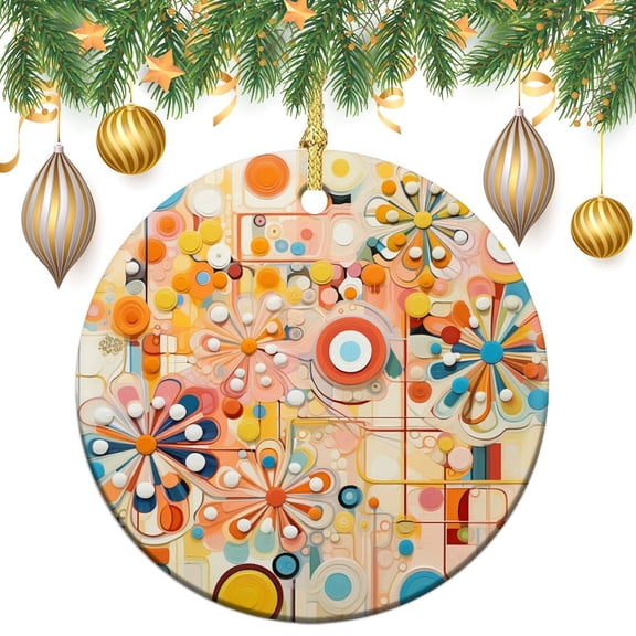 Colorful Squares And Flowers Christmas Ornament Colorful Stripes Geometric Double-Sided Printed 3" Ceramic Christmas Ornament Christmas Home Office Tree Decorations for Family Friend