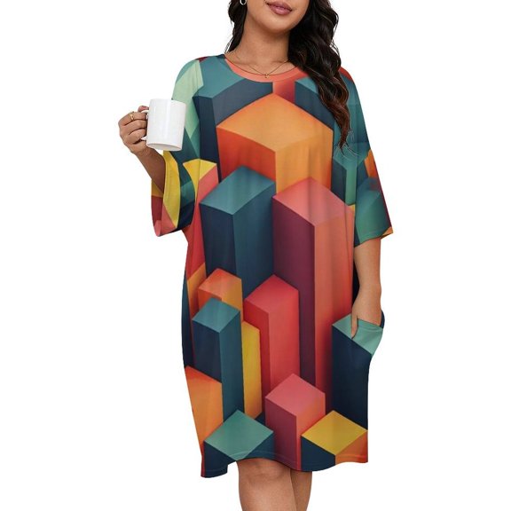 Colorful Squares Modern Art Sleepshirts For Sleeping Travels Loose Sleepdress Pajama Dress Soft Nightdress Sleepwear