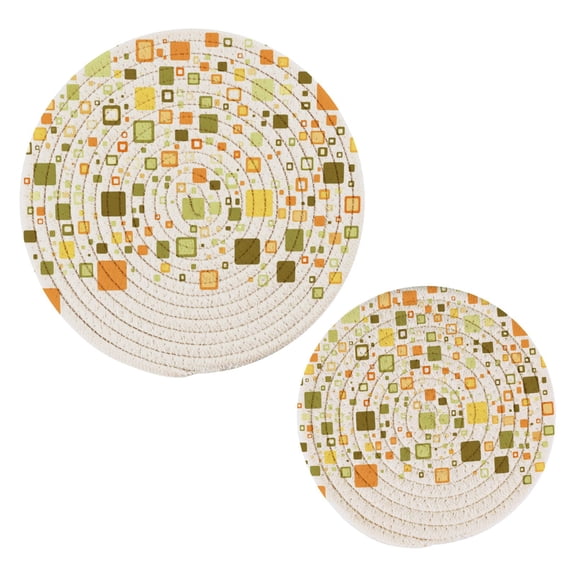 Colorful Squares Pattern Design Cotton Braided Potholders, 2 Pack Heat-Resistant Pads 7.09'' and 9.45''