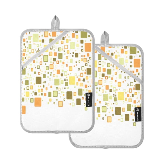 Colorful Squares Pattern Design Set of 2 Heat-Resistant Quilted Pads, Silver Polyester, 7" x 9.8"
