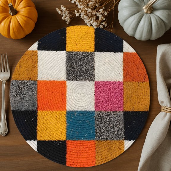 Colorful Squares Round Braided Placemats 15", 2 Pack Abstract Modern Mosaic Blocks Orange Black Heat Insulation Place Mats Washable Non-Slip Table Mats for Kitchen Dining Party