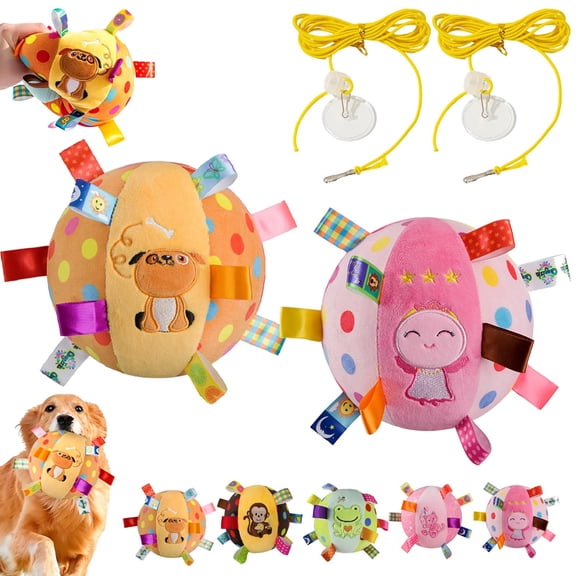 Colorful Squeaky Hanging Dog Toy – Soft Ball with Bell and Rope for Dog Play