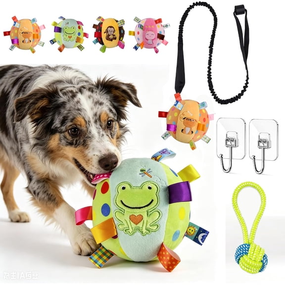 Colorful Squeaky Hanging Dog Training Toy with 50inch Elastic Ropes Soft, Stretchy - Durable Chew & Play Toy for All Dogs, 6-Inch Hanging Dog Toys with Cotton Material and Built-In Bell (style D)