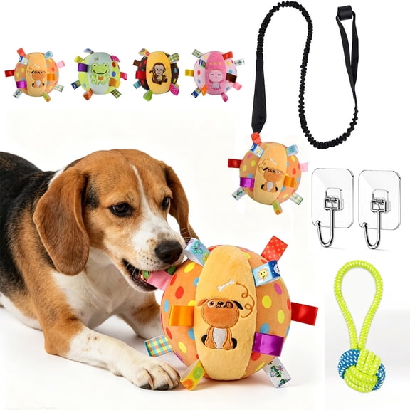 Colorful Squeaky Hanging Dog Training Toy with 50inch Elastic Ropes Soft, Stretchy - Durable Chew & Play Toy for All Dogs, 6-Inch Hanging Dog Toys with Cotton Material and Built-In Bell