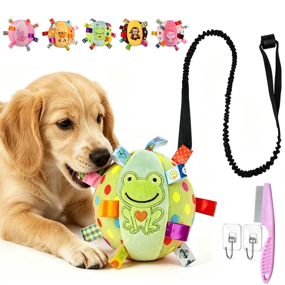 Colorful Squeaky Hanging Dog Training Toy with 60 inch Elastic Ropes Soft, 6-Inch Soft Stuffed Ball with Cotton Material and Bell Built-in, Squeaky Hanging Dog Toy, Durable Pet Toy