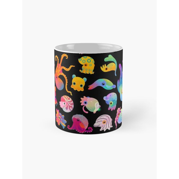 Colorful Squid, Octopus, Fish and Jellyfish Coffee Mug, 11oz Ceramic, Black Ocean Creature Theme