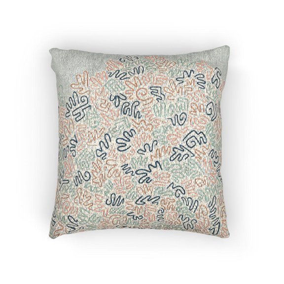 Colorful Squiggle Doodle Woven Pillow, Teal Coral and Light Blue Line Art