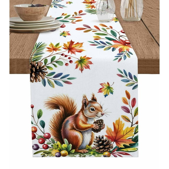 Colorful Squirrel Burlap Cotton Table Runner 13x36 Inches Short, Botanical Berry Pine Cones Farmhouse Table Runners, Outdoor Dining Tablecloths Decor for Baby Shower/Party/Wedding